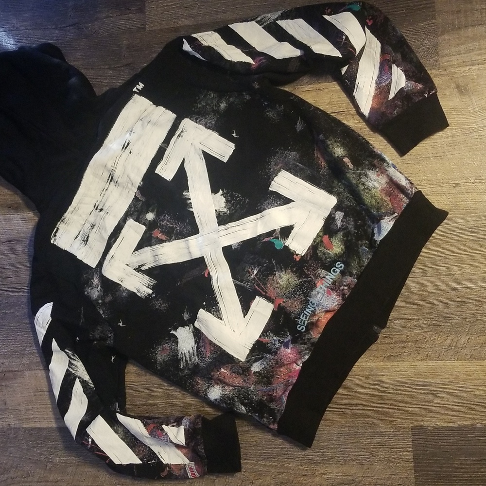Off-White Zip Up Hoodie L Black Seeing Things Space Paint Splatter Virgil Abloh